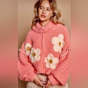 POL Berber Knit Sweater with Flower Print in Coral